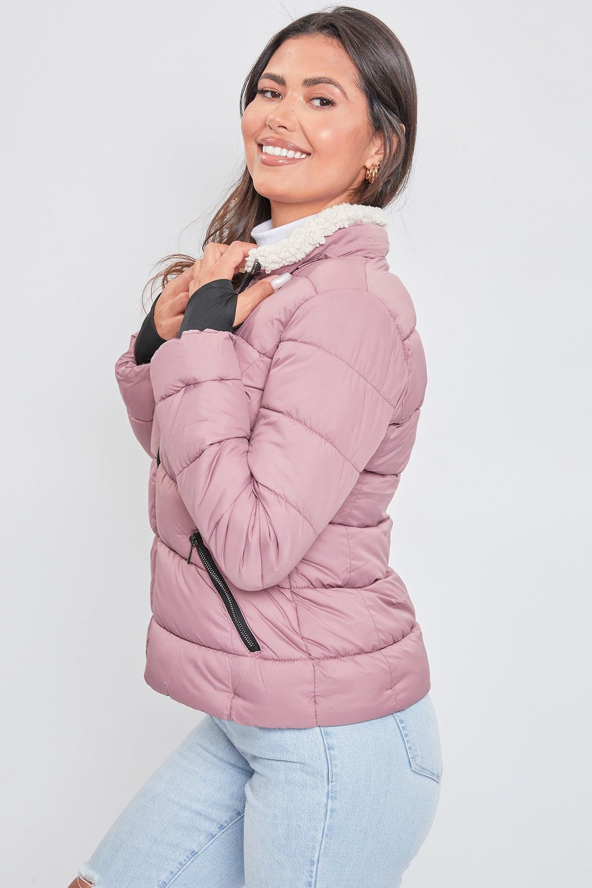 Women's Puffer Jacket With Detachable Sherpa Fur Hoodie