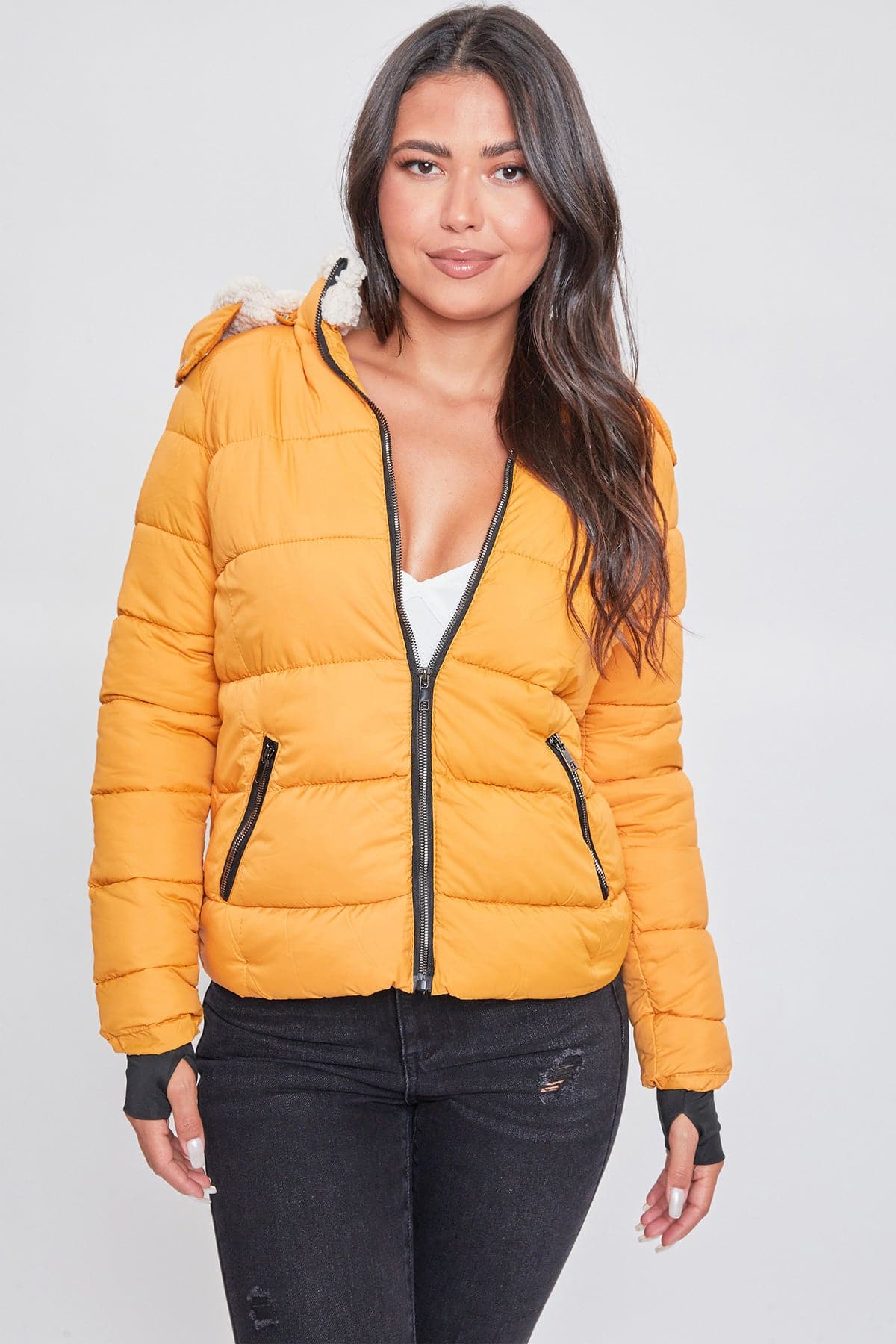 Women's Puffer Jacket With Detachable Sherpa Fur Hoodie