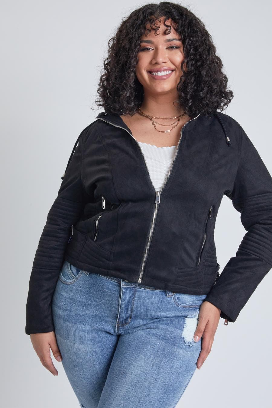 Woman Plus Faux Suede Jacket with Detachable Hoodie from YMI