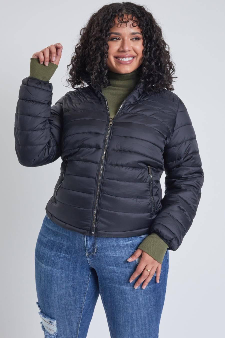 Woman Plus Fitted Puffer Jacket with Taffeta Sleeves from YMI