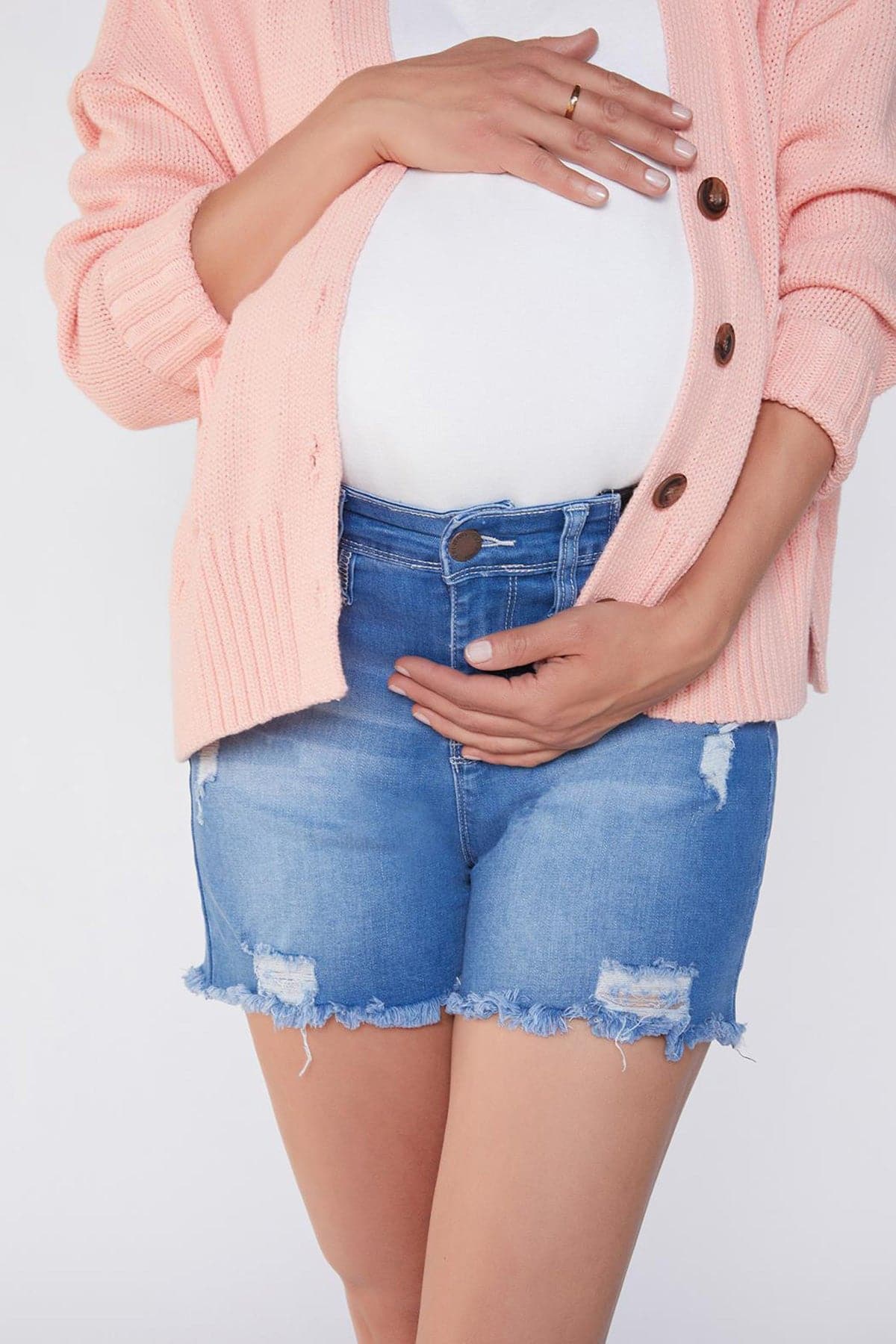 Destructed Maternity Shorts With Elastic Side Inserts