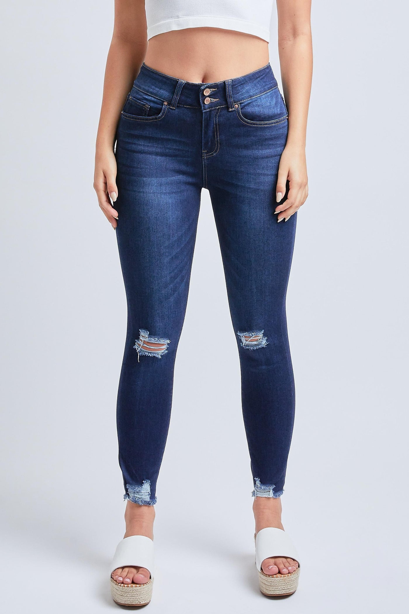 Junior 2 Button High Rise Destructed Ankle Hem Jean With Recycled Fibers P33290