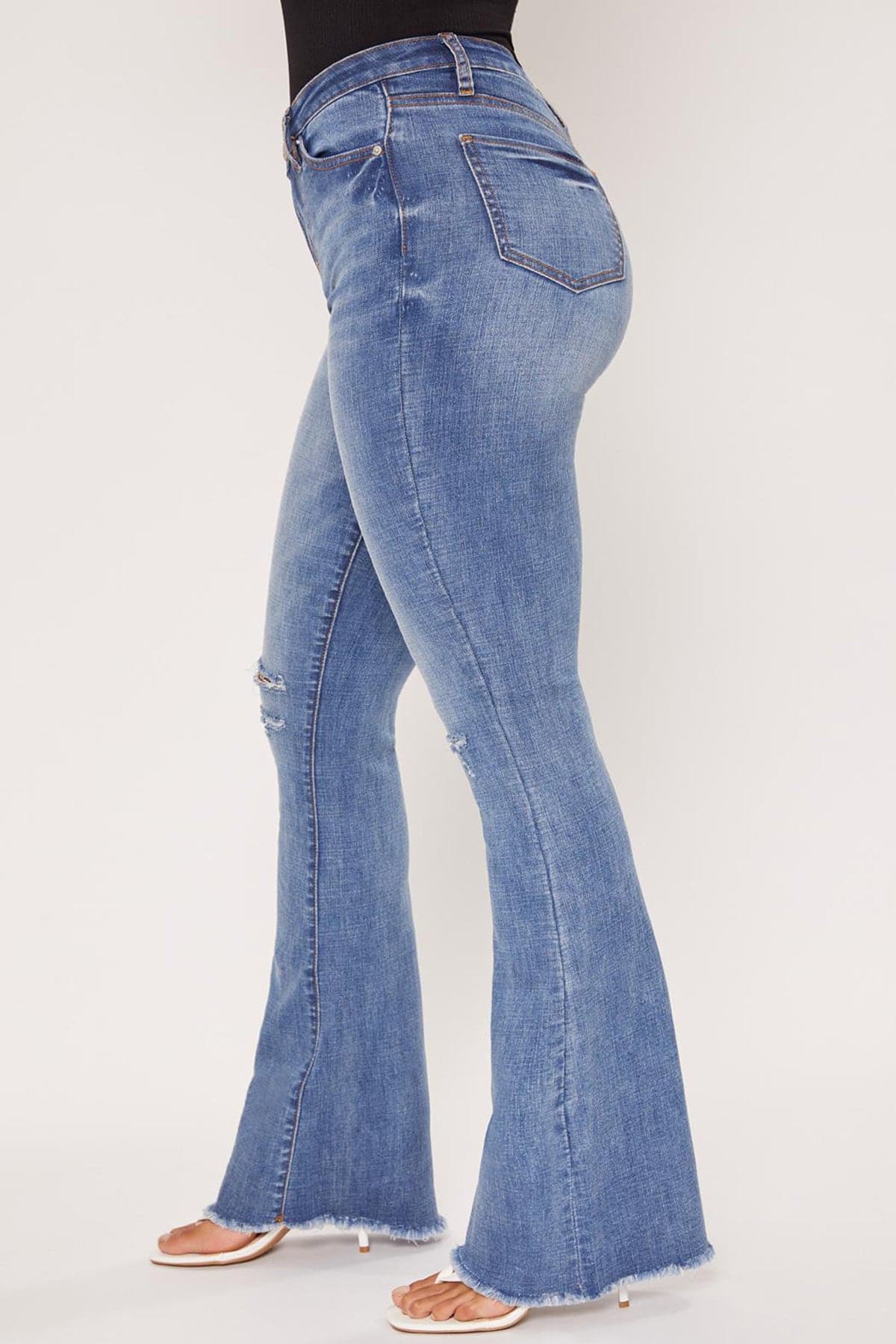 Wide Leg Frayed Flare Jeans in Dark Wash - Denim