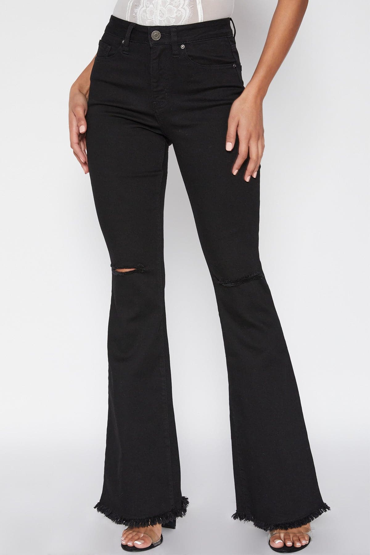 Junior High Rise Flare Jean With Frayed Hem Long Inseam P912956L