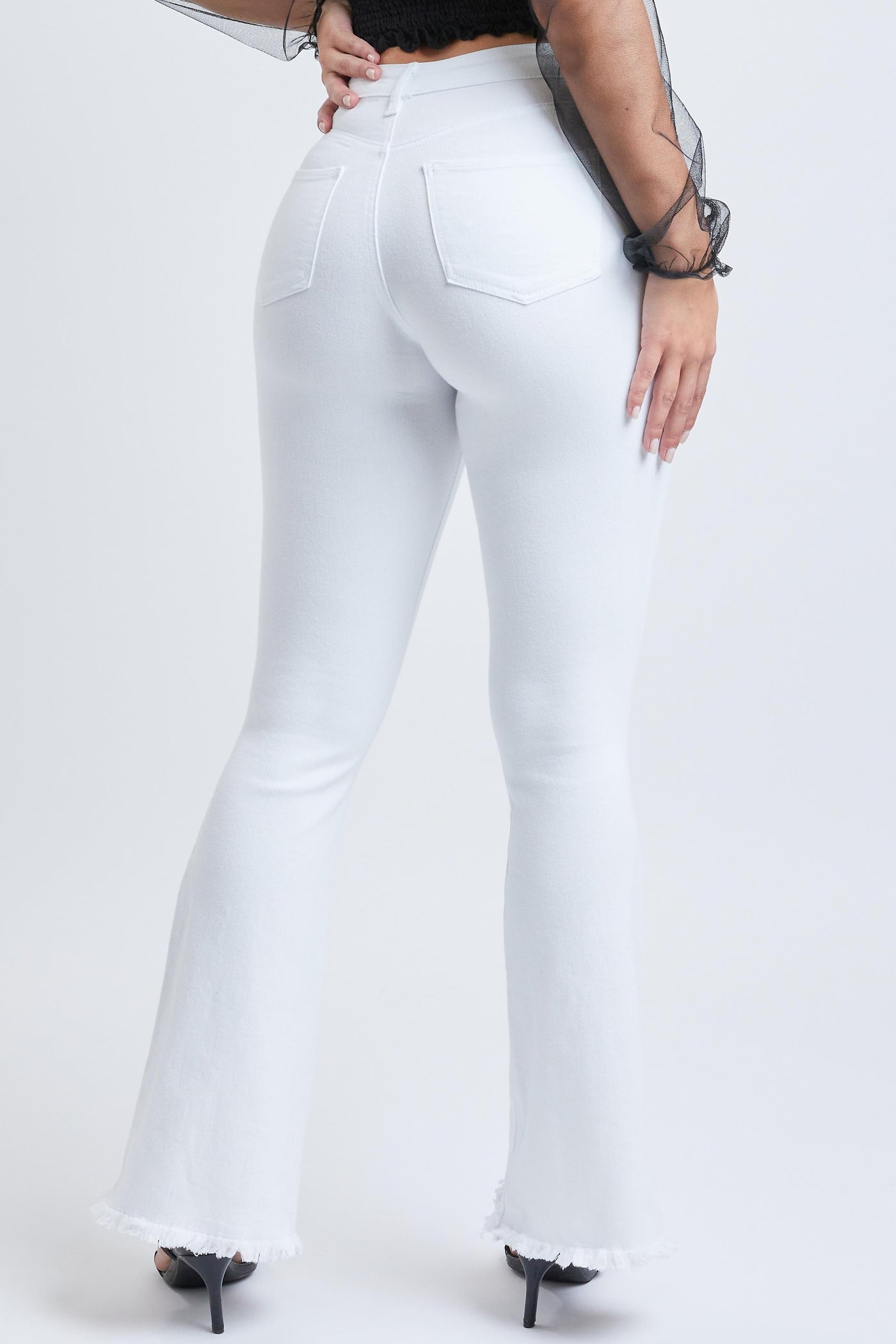 Junior High Rise Flare Jean With Frayed Hem Long Inseam P912956L