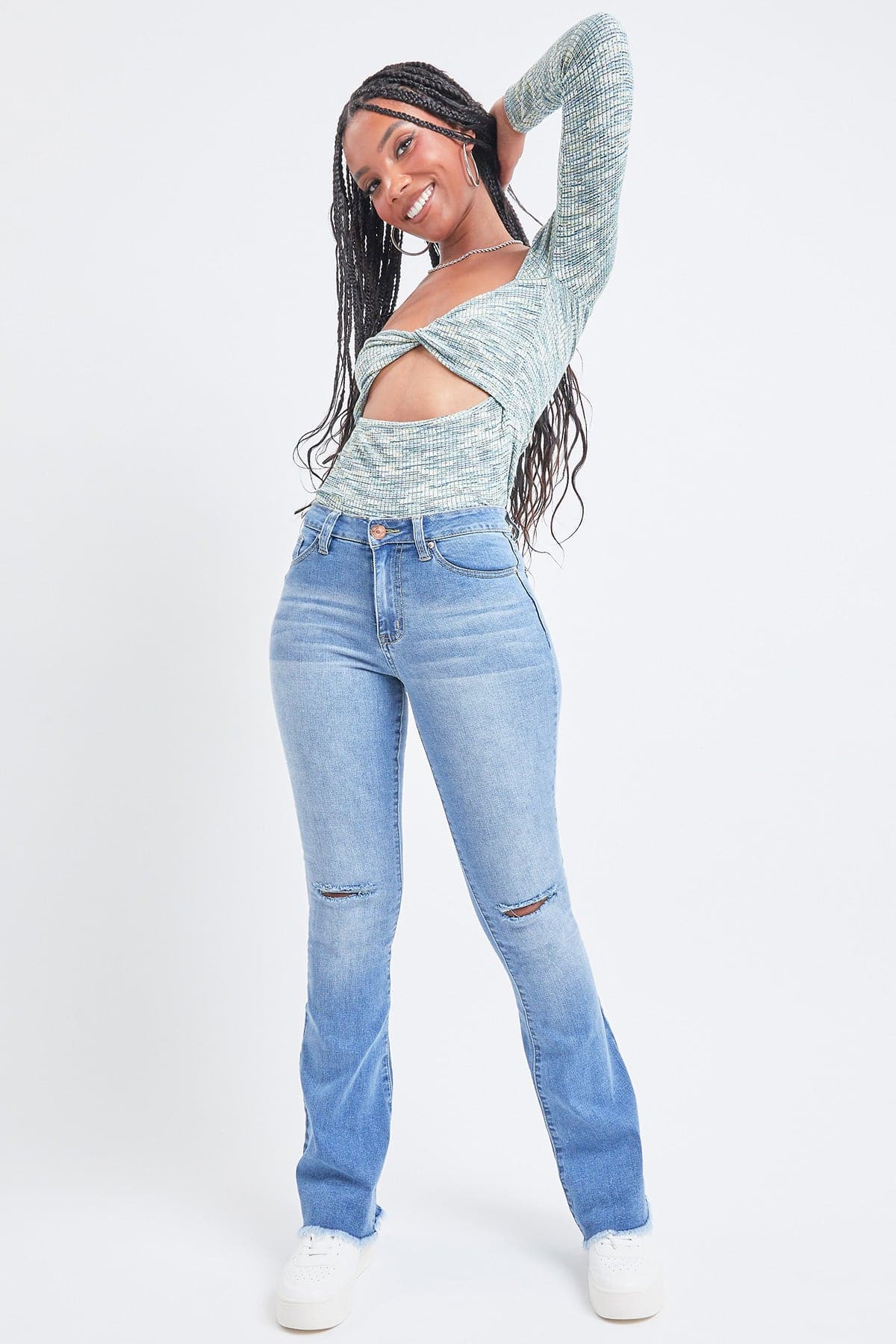 High Rise Flare Jean With Frayed Hem - Long Inseam from YMI
