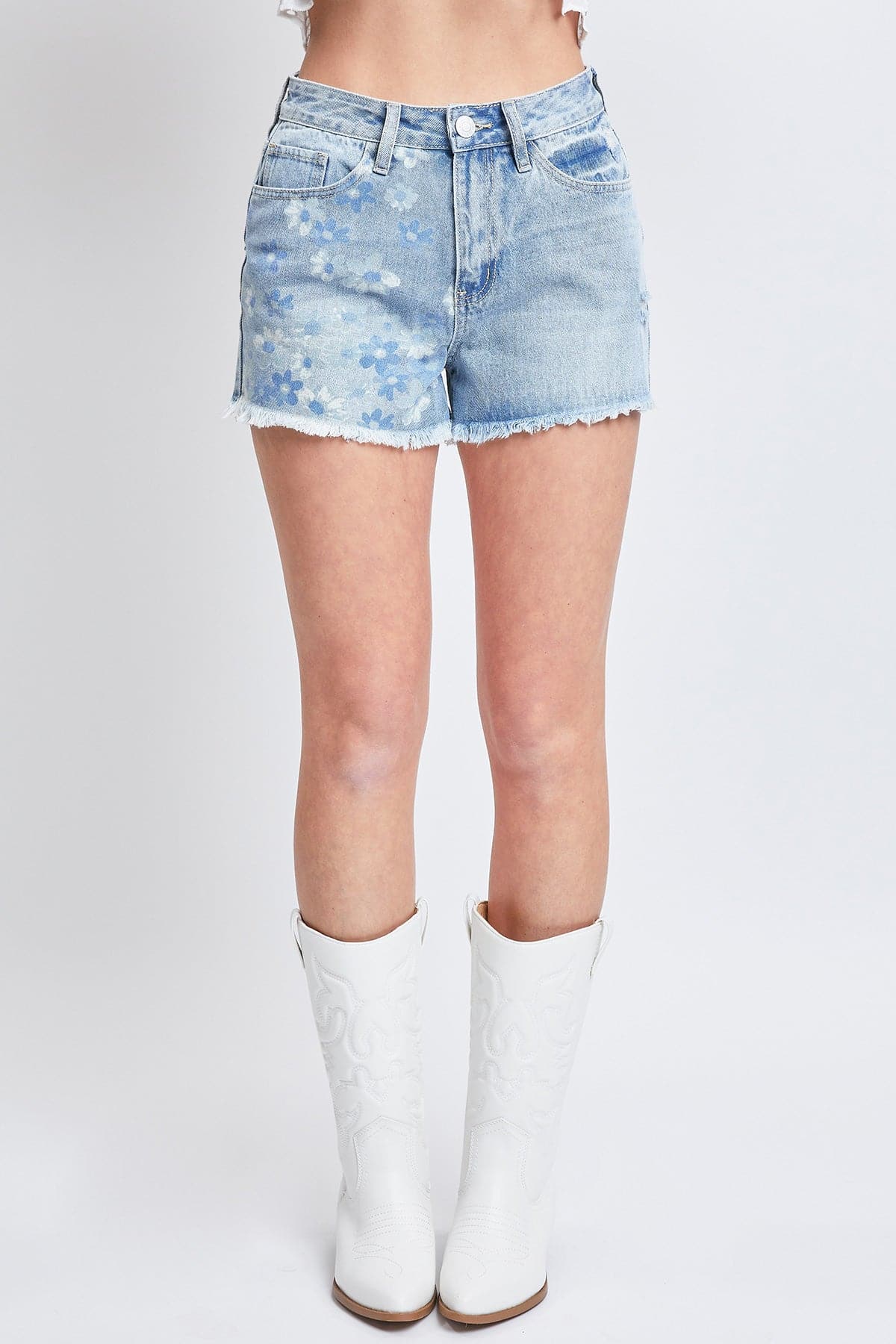 Women's High-Rise Denim Shorts with Floral Print