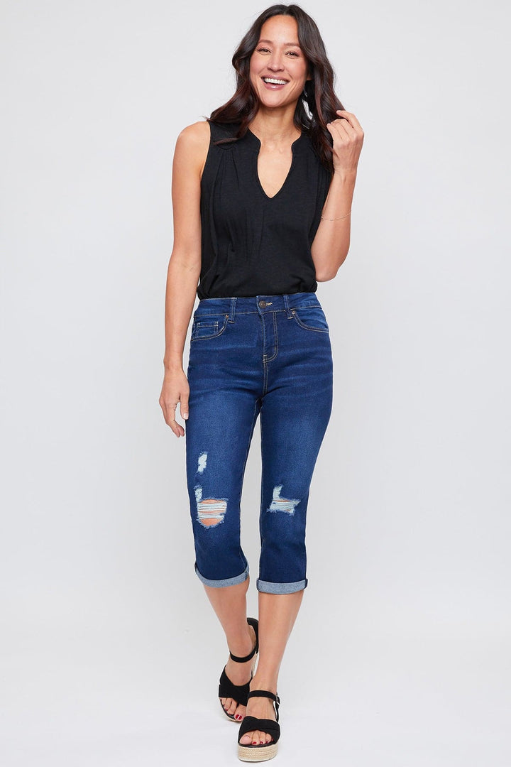 YMI Women's Plus Size Essential Cuff Capri Jeans - High Rise Distressed Denim - View #9
